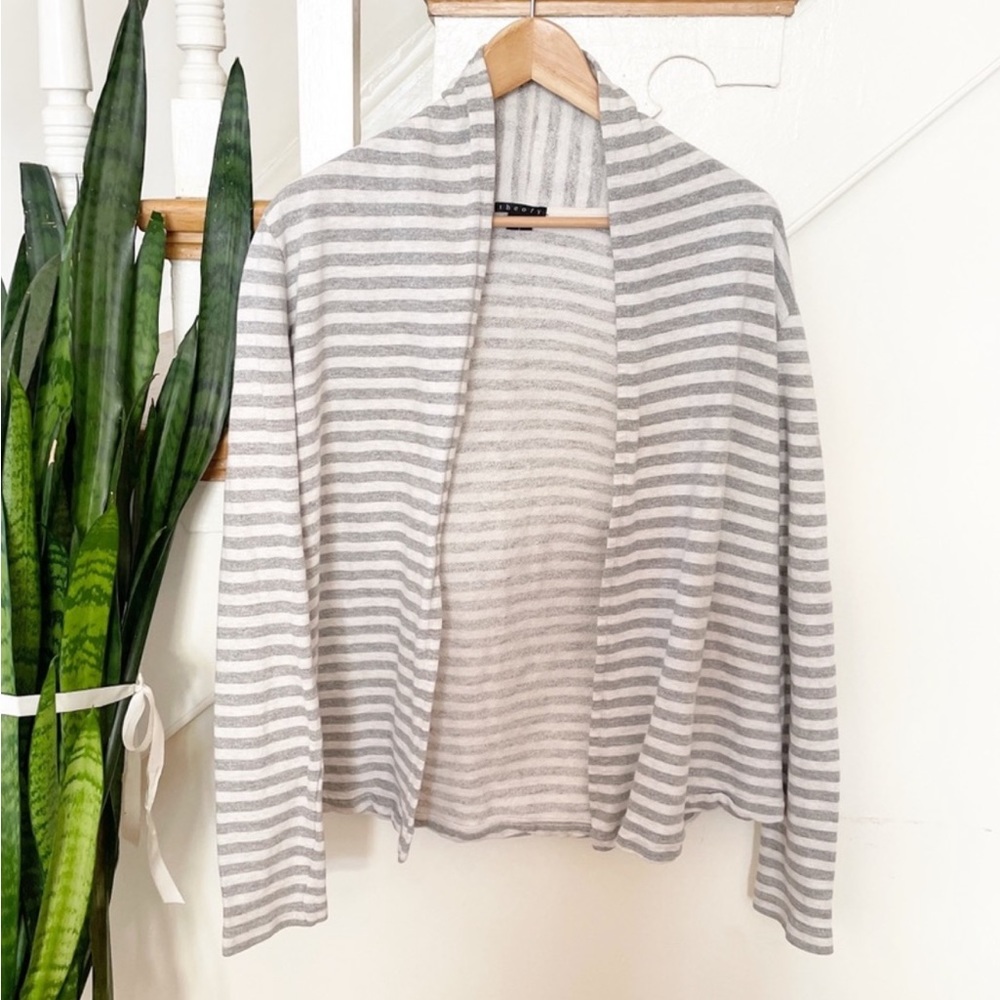 Theory white and gray striped open front cardigan  sz Small